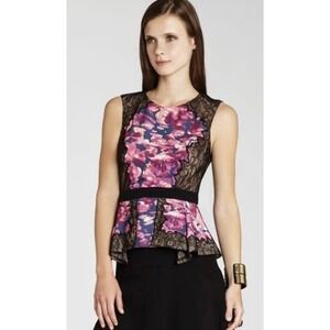 BCBGMaxAzria Kaylyn Floral Sleeveless Lace Peplum Top Size Small Poppy Pink